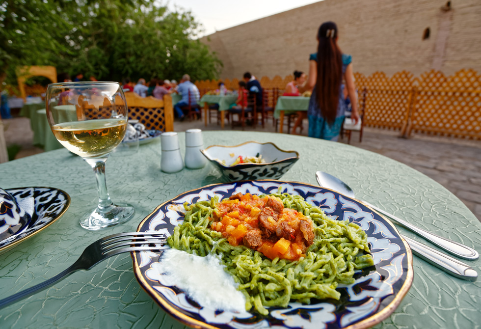 Khiva, Uzbek cuisine at Tea house Mirza Boshi