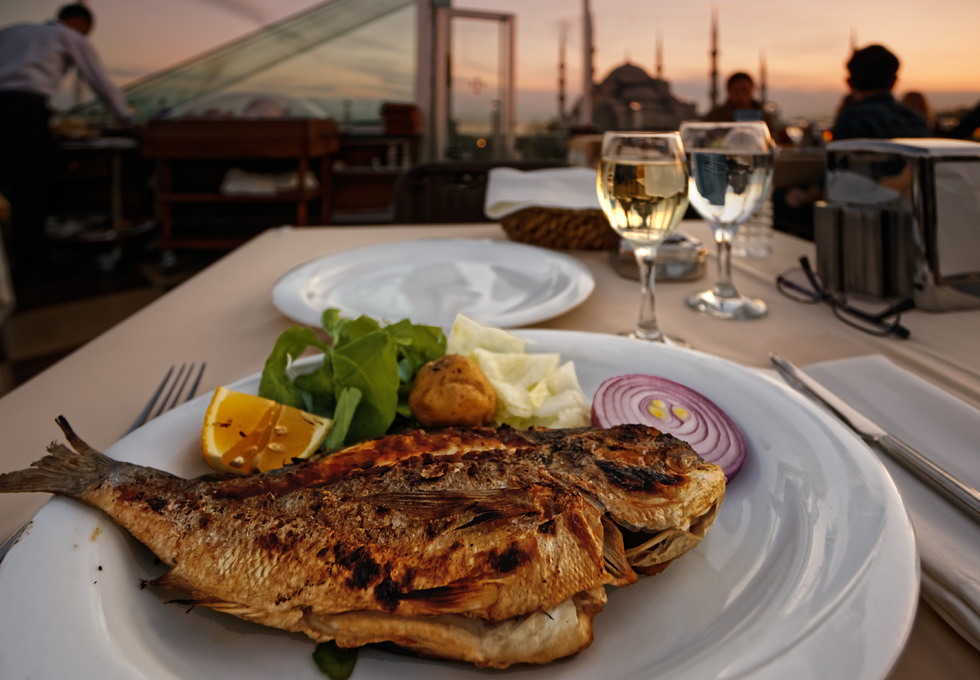 Istanbul, The Blue Mosque and Hagia Sophia from Seven Hills Restaurant